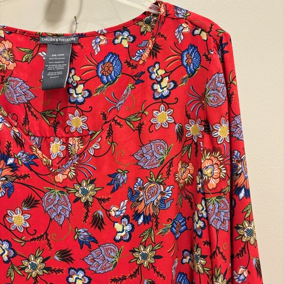 Chelsea & Theodore Womens Top XXL Red Floral Long Sleeve V Neck Blouse - Picture 4 of 6